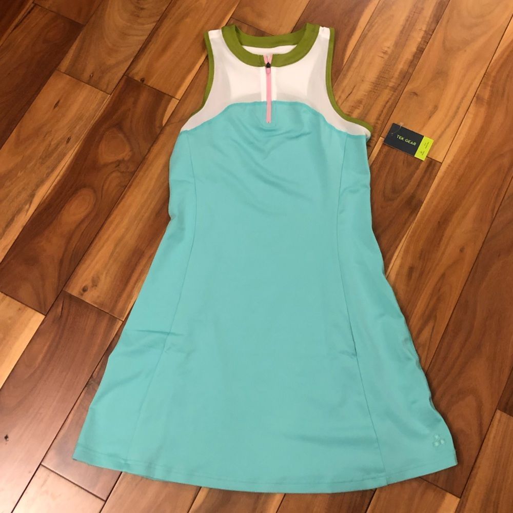 tek gear Aqua and White Athletic Tank Dress with Olive Trim